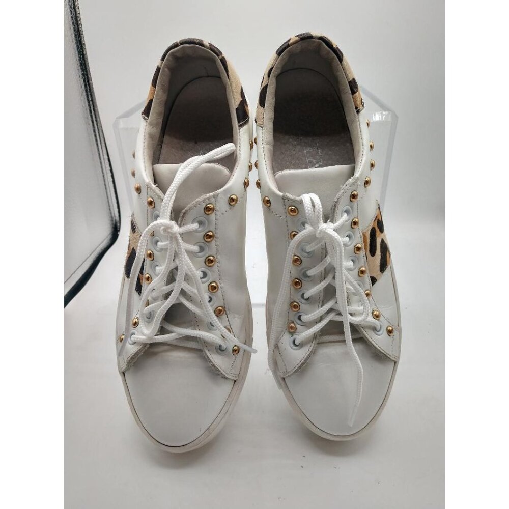 Zeta White Leopard Print Sneakers With Gold Studs Size 40